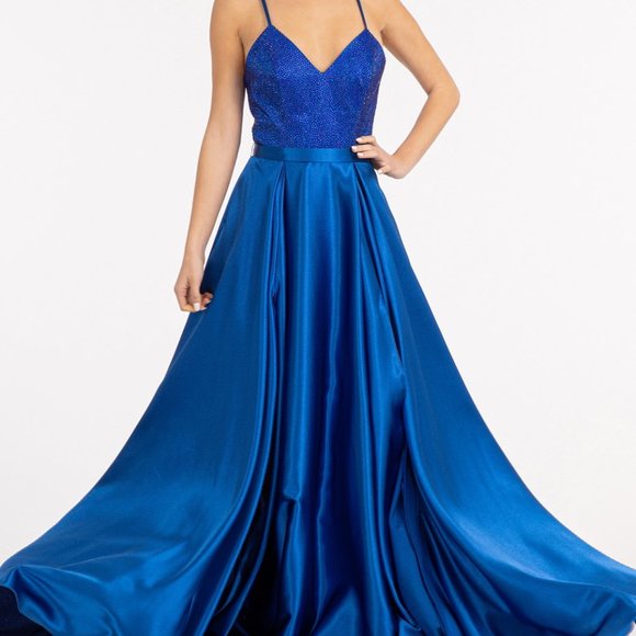 ROYAL BLUE Full Rhinestone Bodice Lace-Up Back Satin Prom Dress Waistband GL3040 - Picture 1 of 7